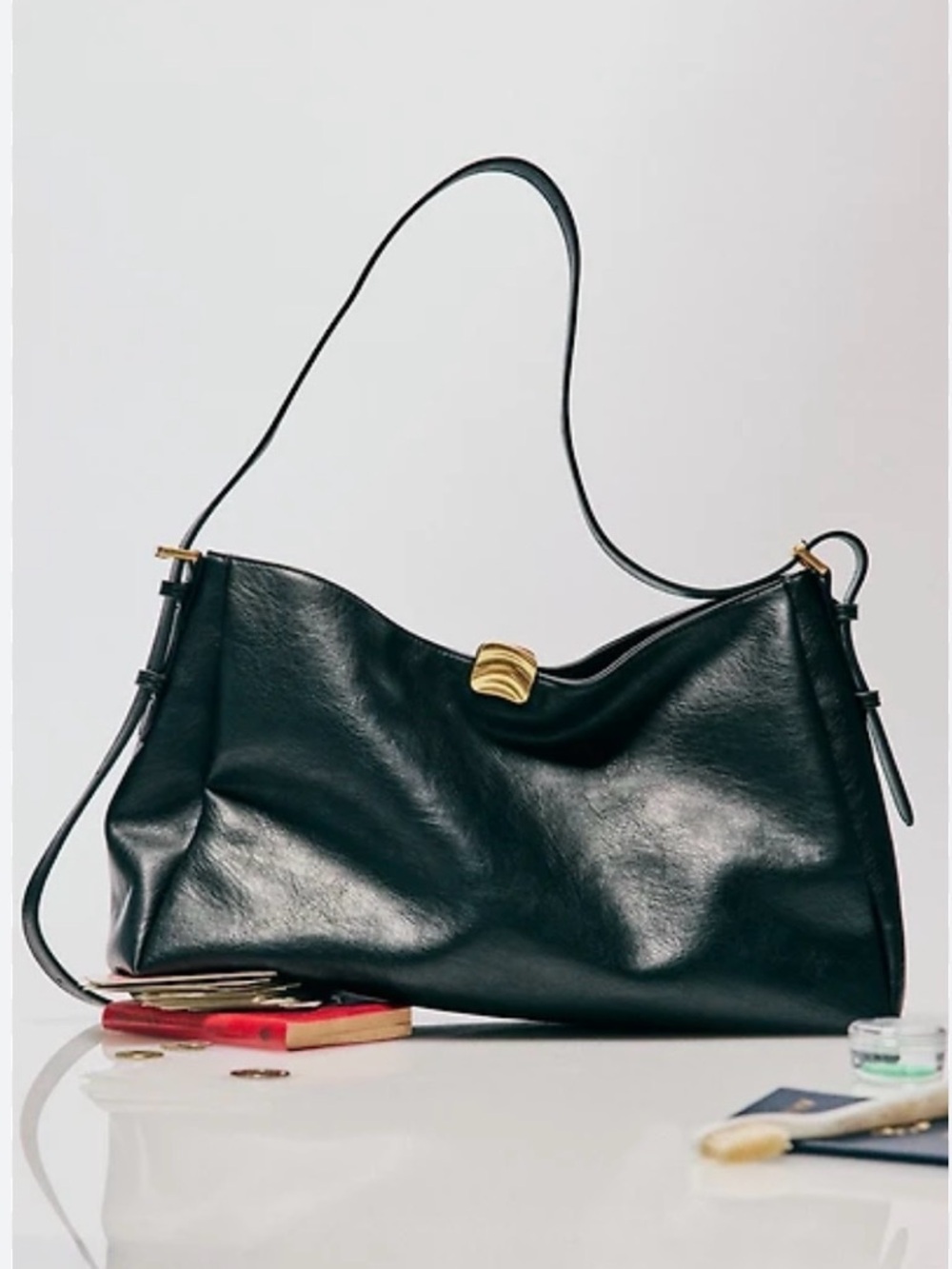 Anthropologie Foldover Slouchy Buckle Shoulder Bag Faux Leather Black NWT - Picture 15 of 16